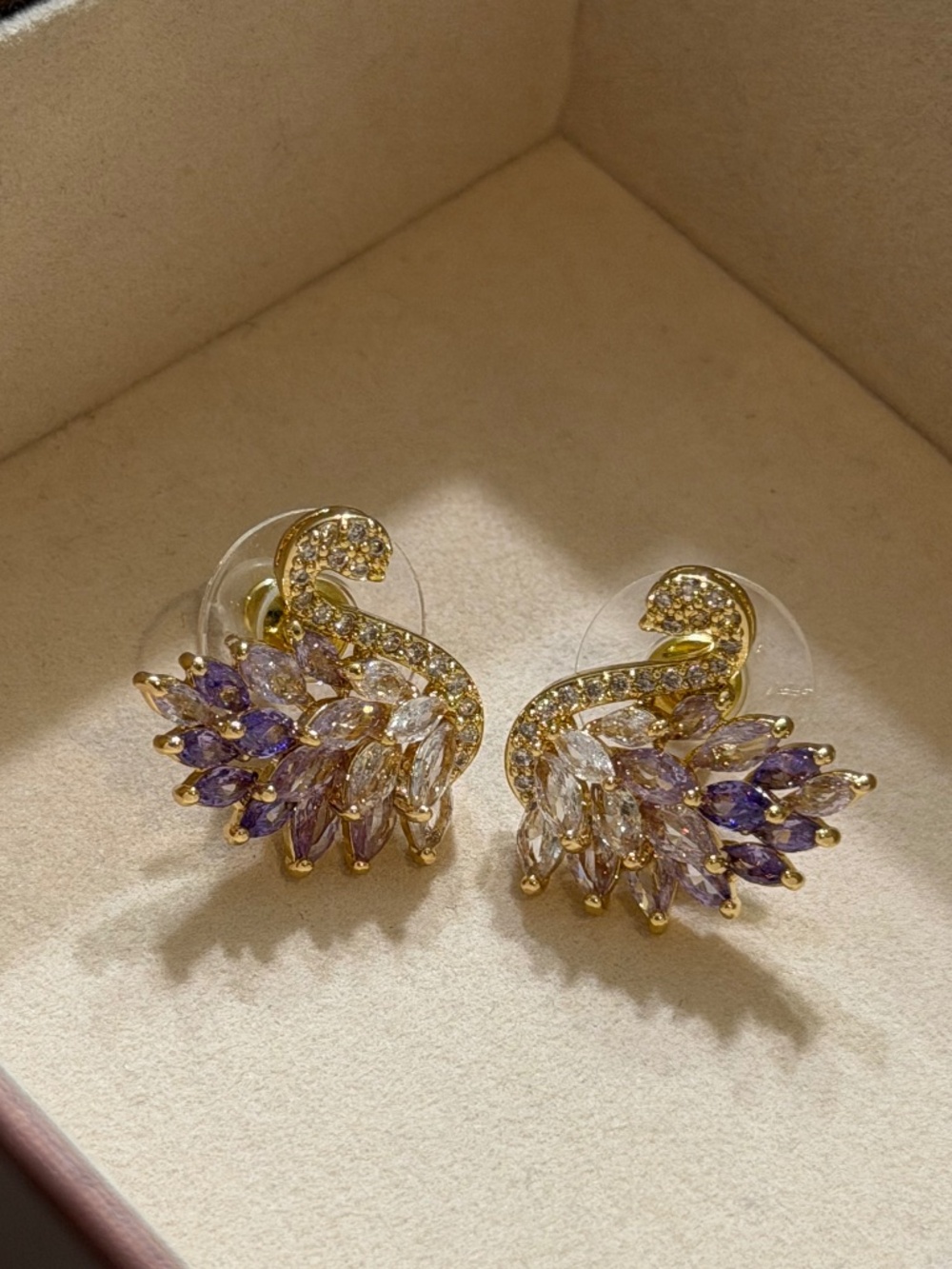 Elegant Golden Purple Gradient Swan Zirconia Stud Earrings